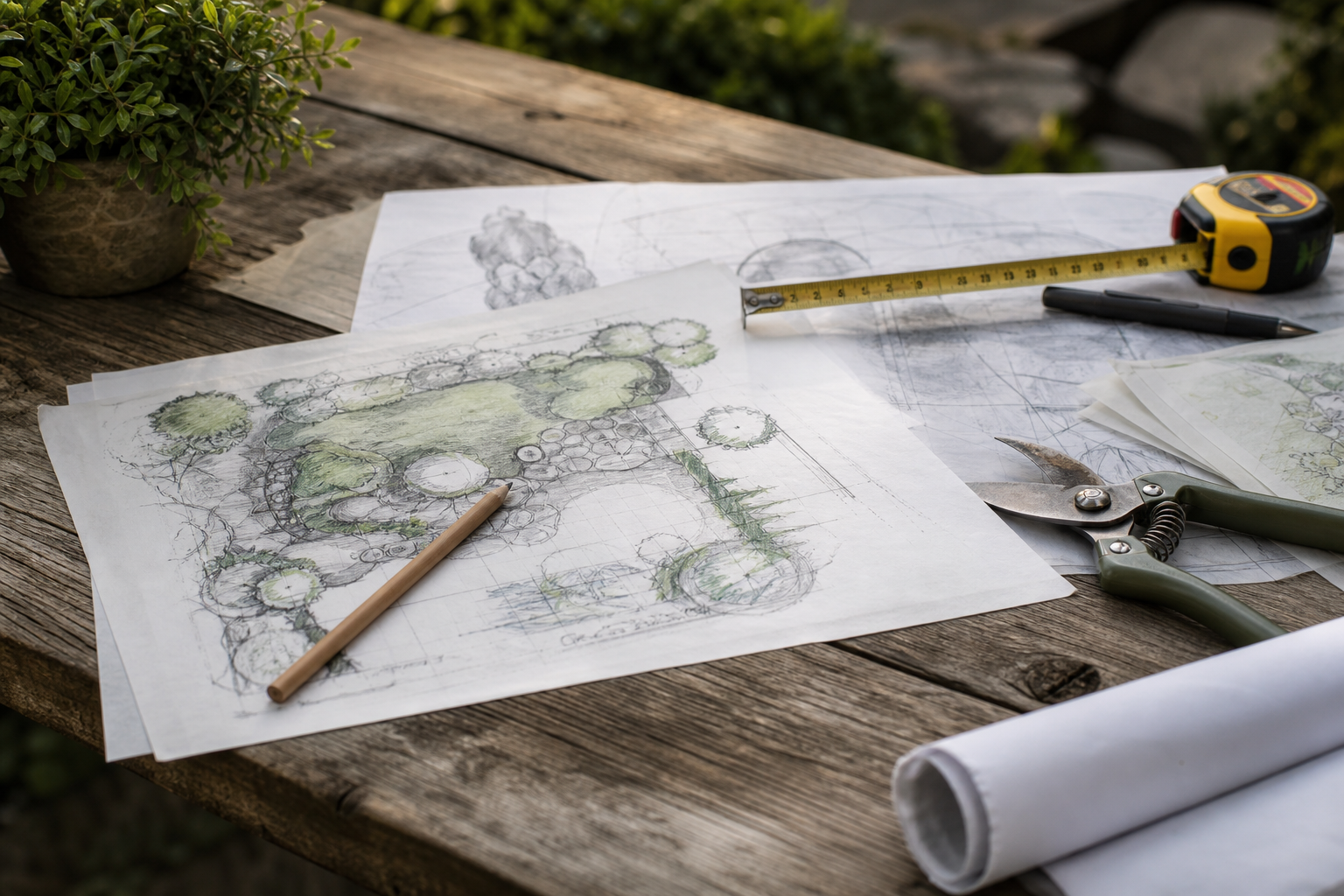 Outils et plans de conception sur table en bois