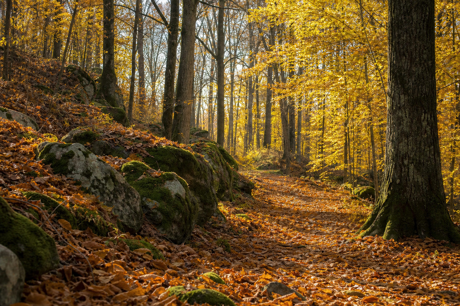 Chemin forestier couvert de feuilles d'automne