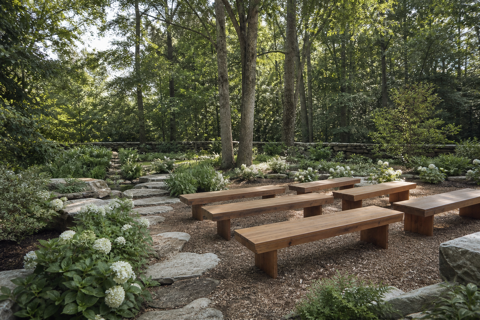 Bancs en bois dans une clairière