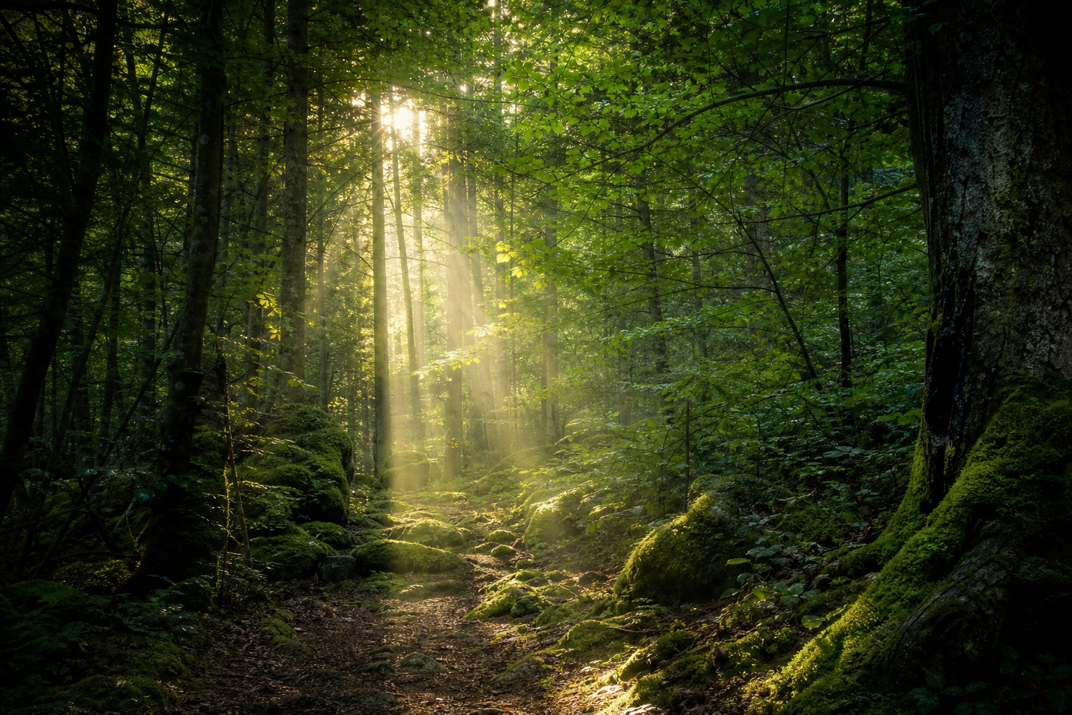 Lumières filtrant à travers la canopée d'une forêt