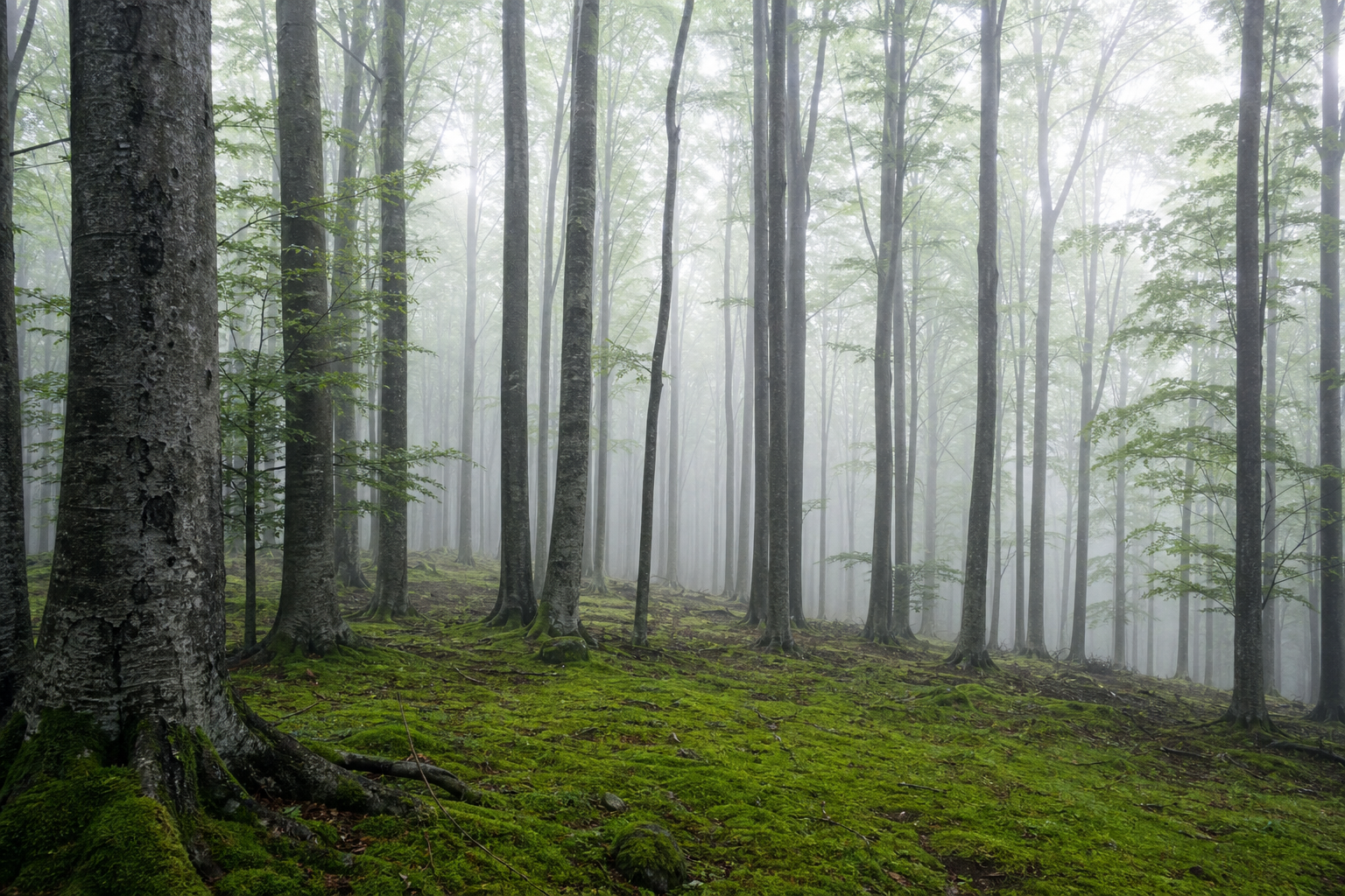 Forêt brumeuse, mousse et troncs dans la lumière douce