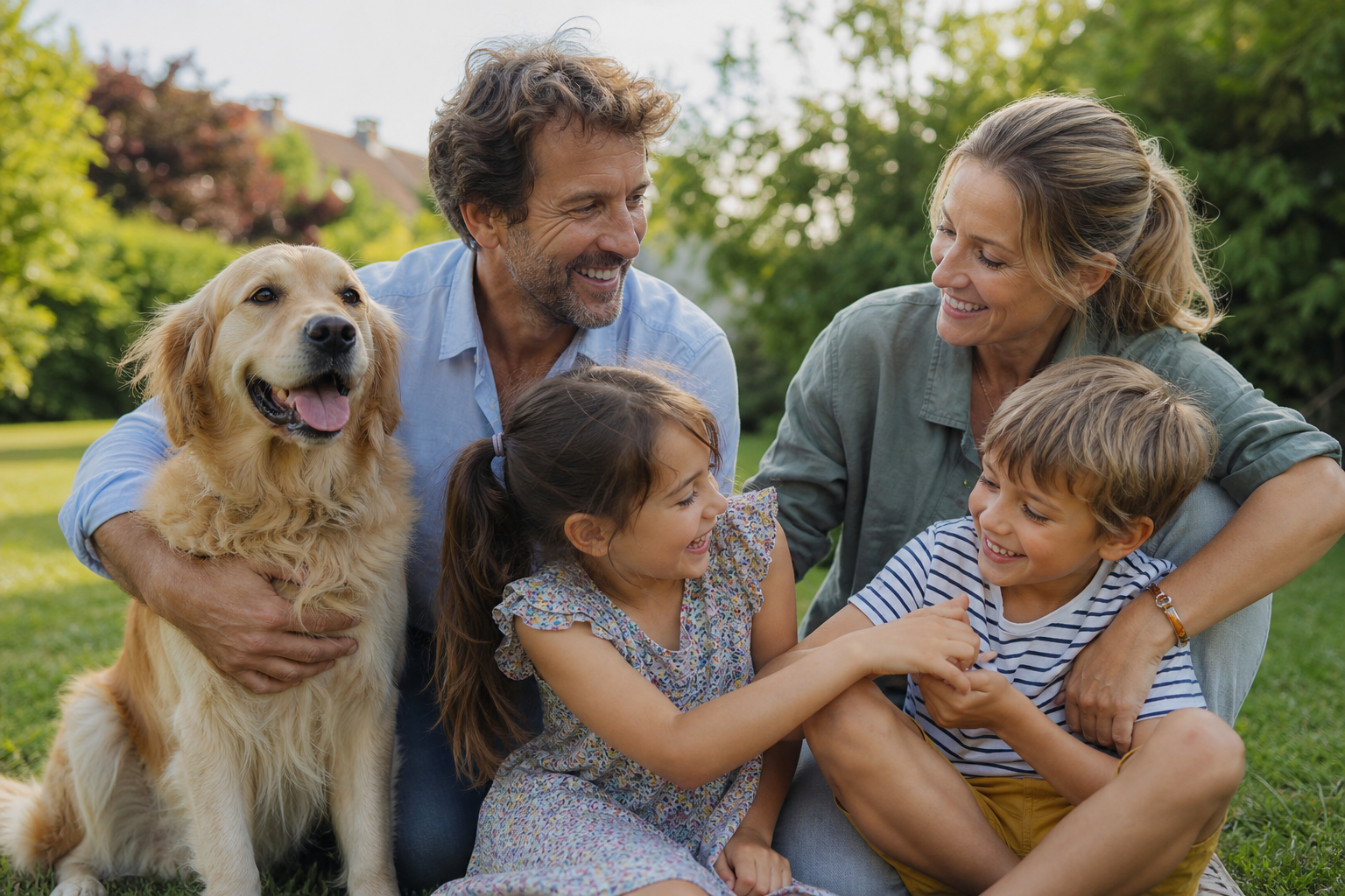 Famille heureuse avec enfants et chien dans un jardin ensoleillé